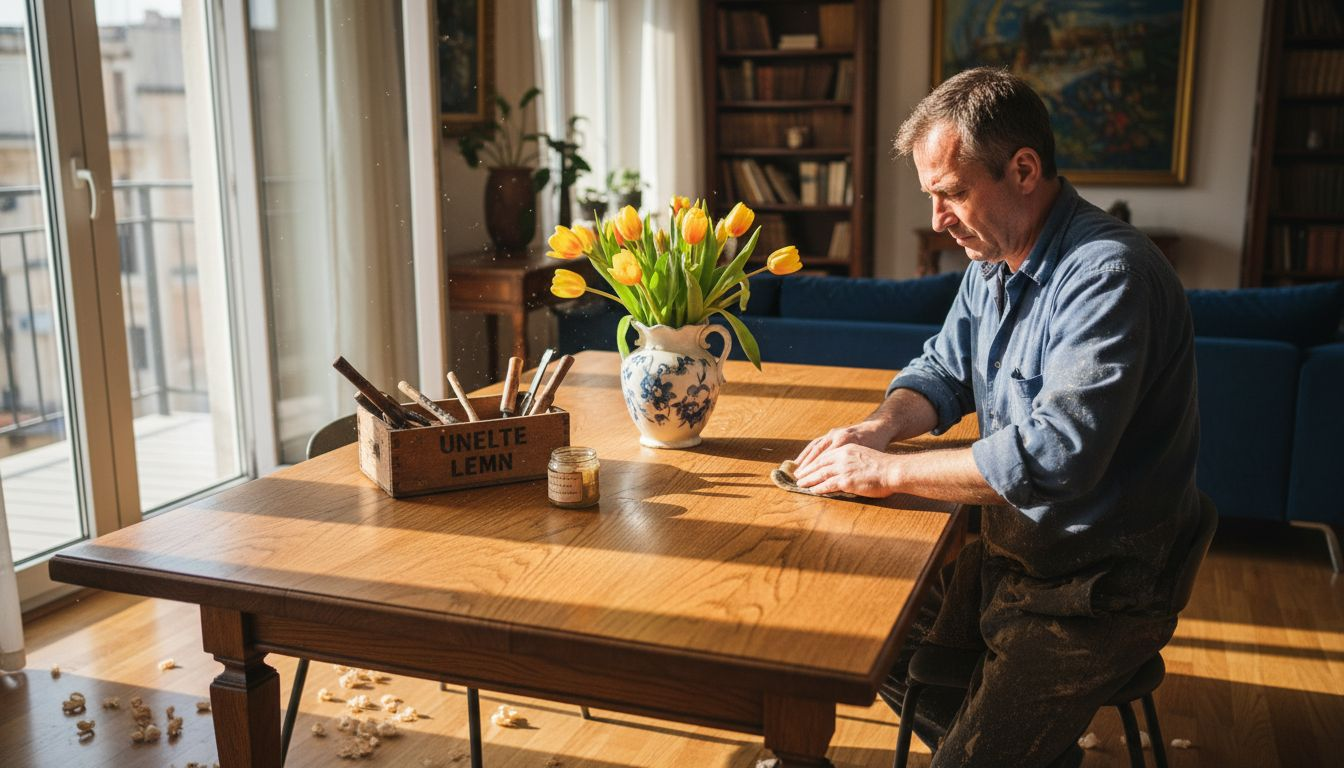 Un meșter șlefuiește cu grijă o masă de sufragerie din stejar masiv, acordând atenție fiecărui detaliu pentru a-i scoate în evidență frumusețea naturală.