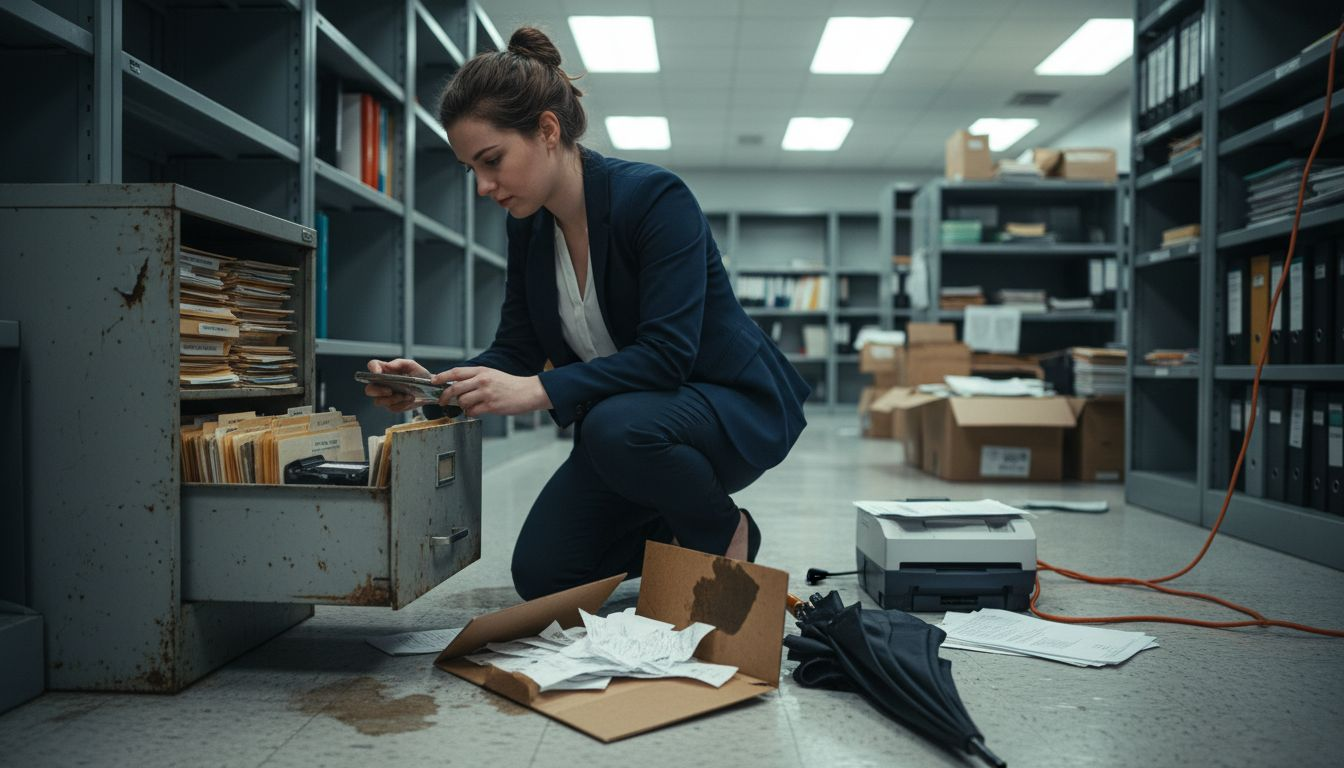 Businesswoman documenting water-damaged office files