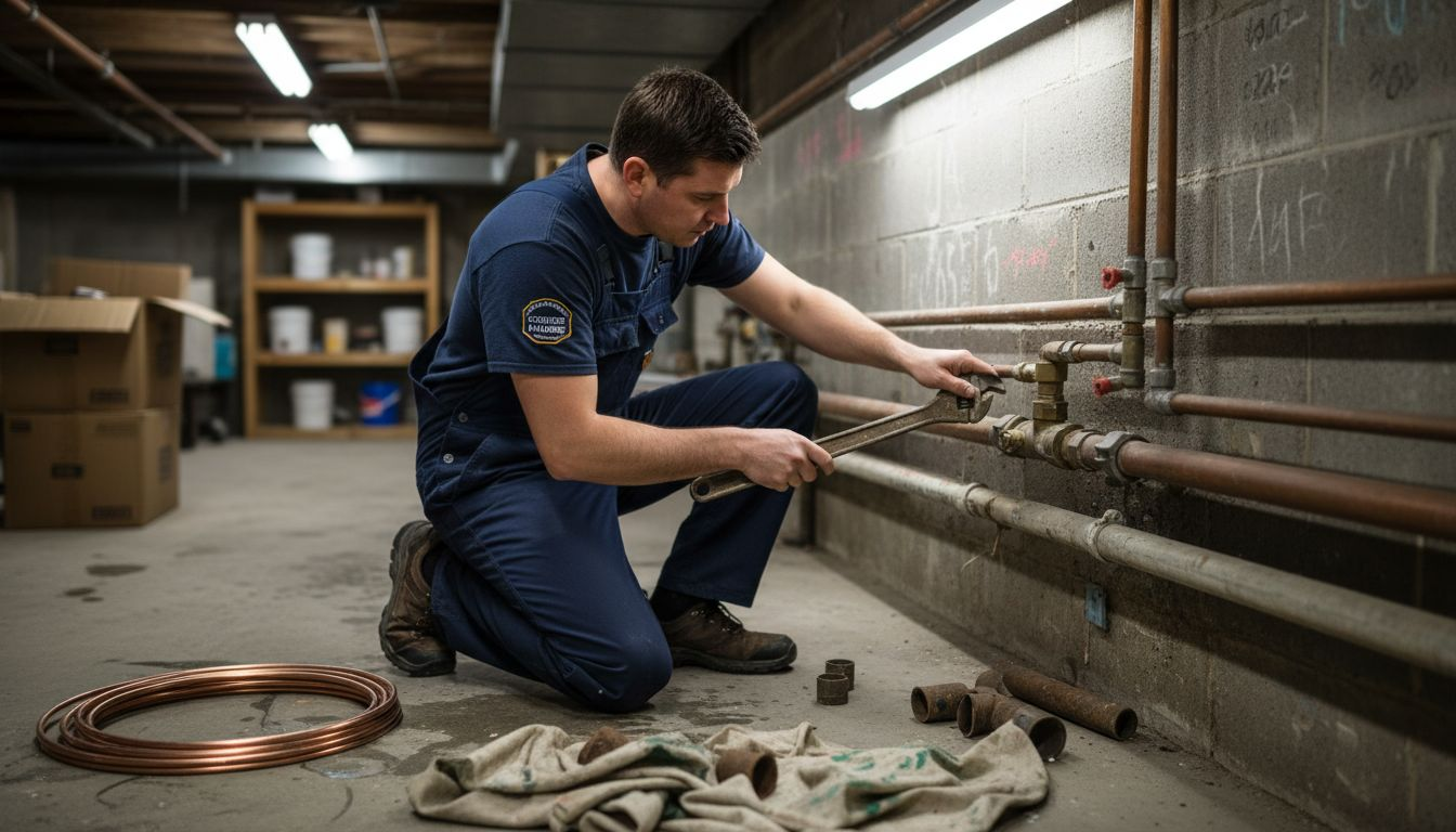 Plumber checking exposed pipes in basement