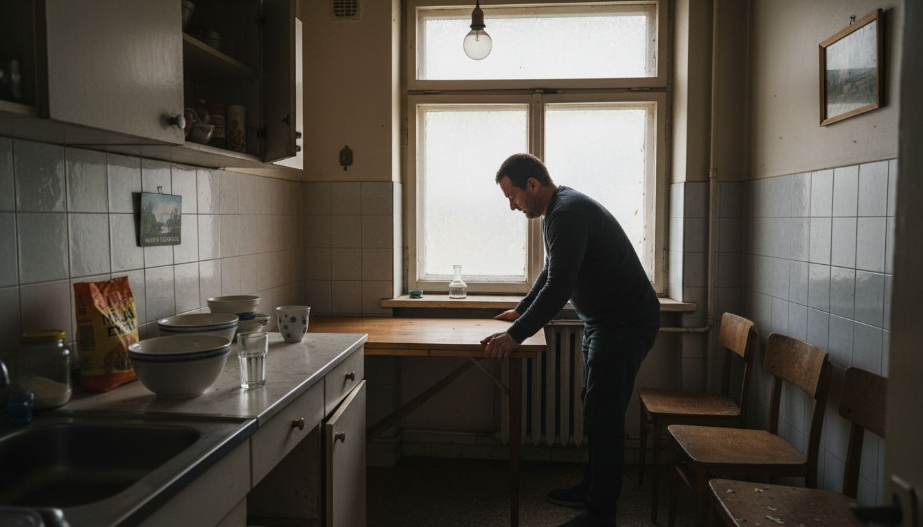 Un bărbat folosește o masă pliabilă pentru a economisi spațiu în bucătăria sa mică.