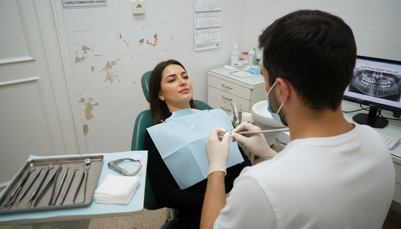 Medicul montează un implant dentar pacientului.