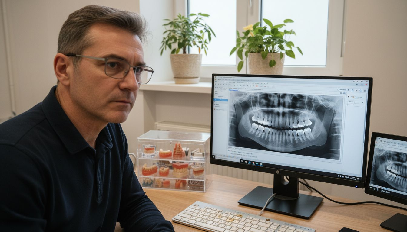 Medicul stomatolog verifică starea de sănătate a cavității bucale a pacientului.