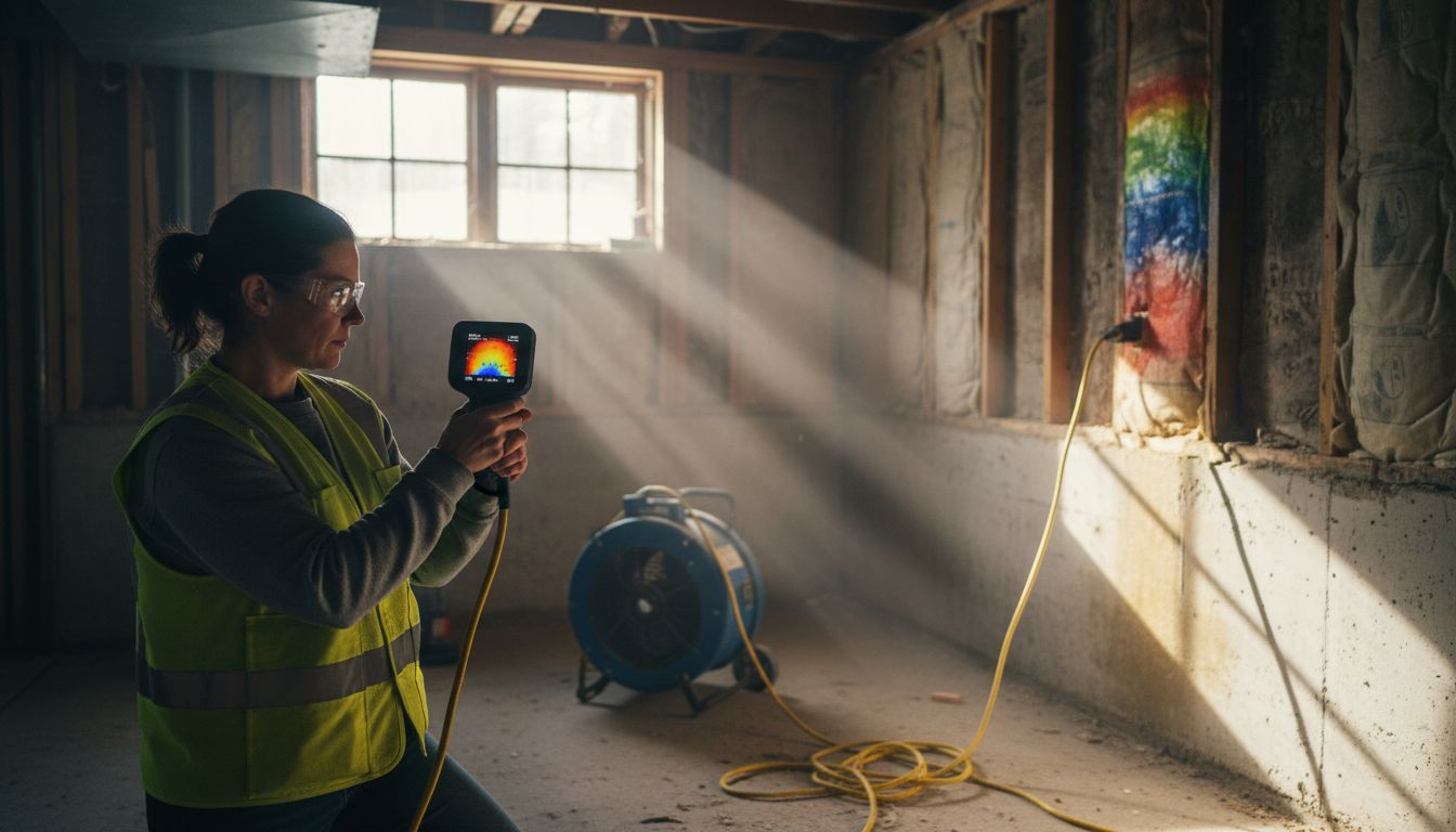 Technician uses thermal camera in basement