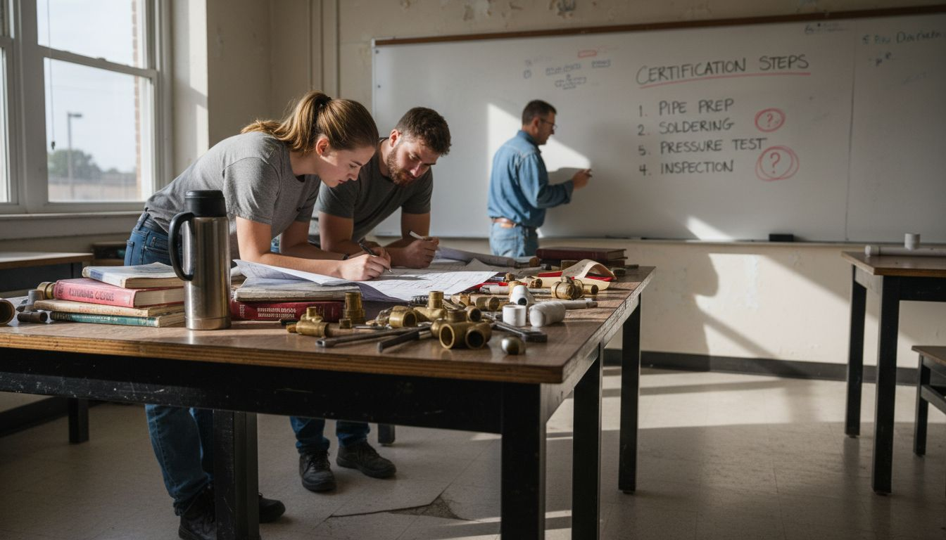 Plumber trainees review certification materials