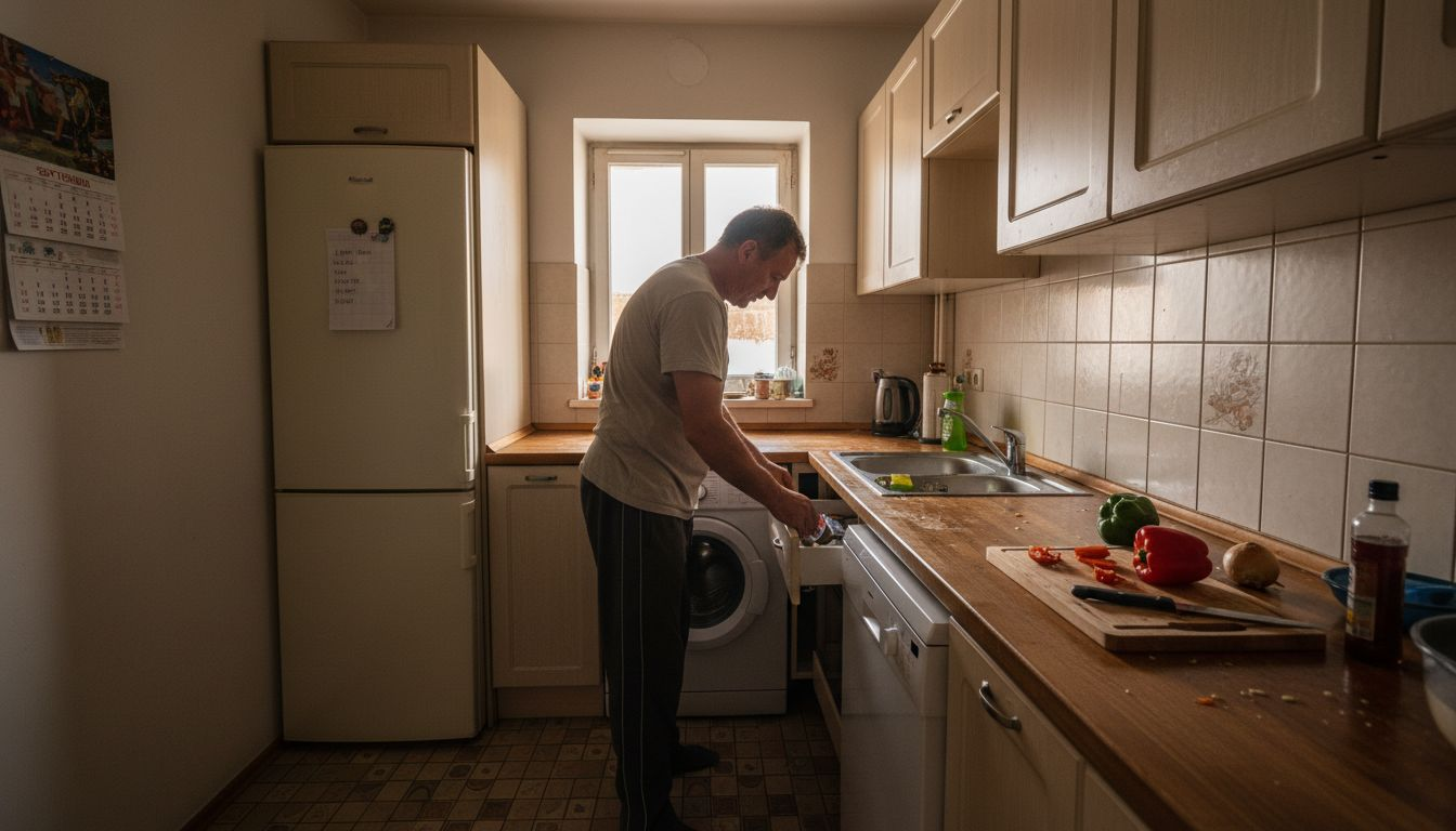 Un bărbat aranjează și pune ordine în bucătăria sa modernă, găsind loc pentru fiecare lucru și asigurându-se că totul e la îndemână.