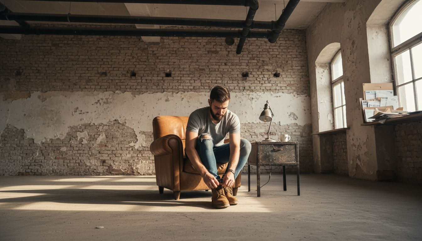 Apartament în stil industrial, cu un locatar care își leagă șireturile.