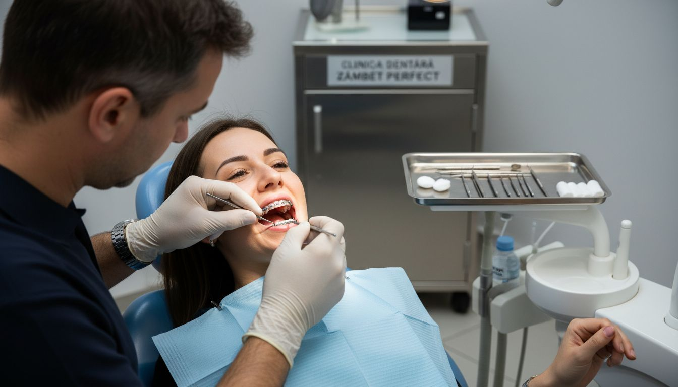 Medic ortodont ajustează aparatul dentar al unui pacient adult.