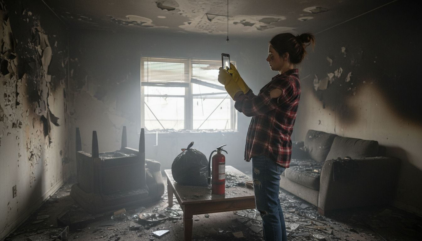 Woman documenting fire damage with phone