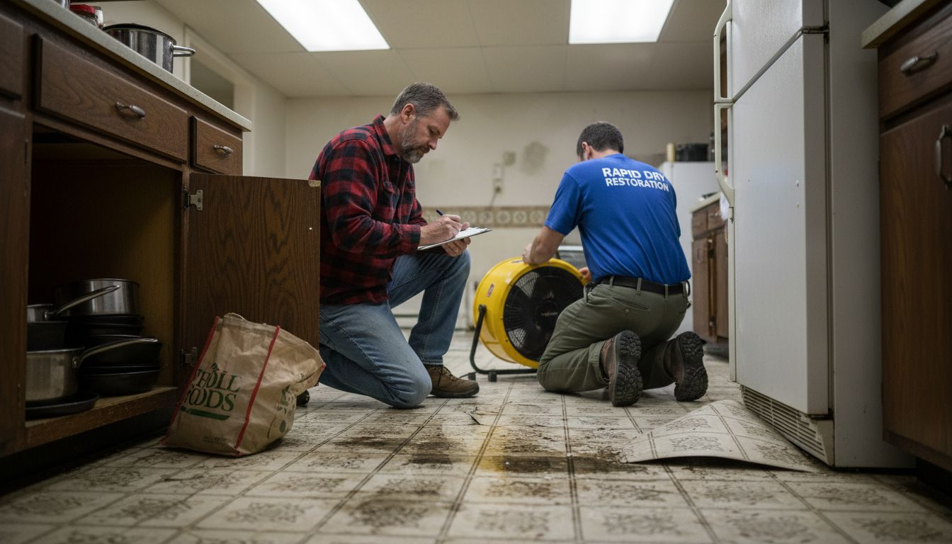 Homeowner and technician managing kitchen water damage