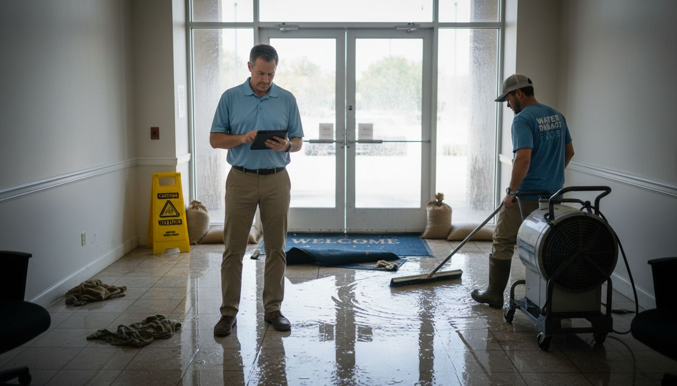 Manager supervising water damage restoration onsite