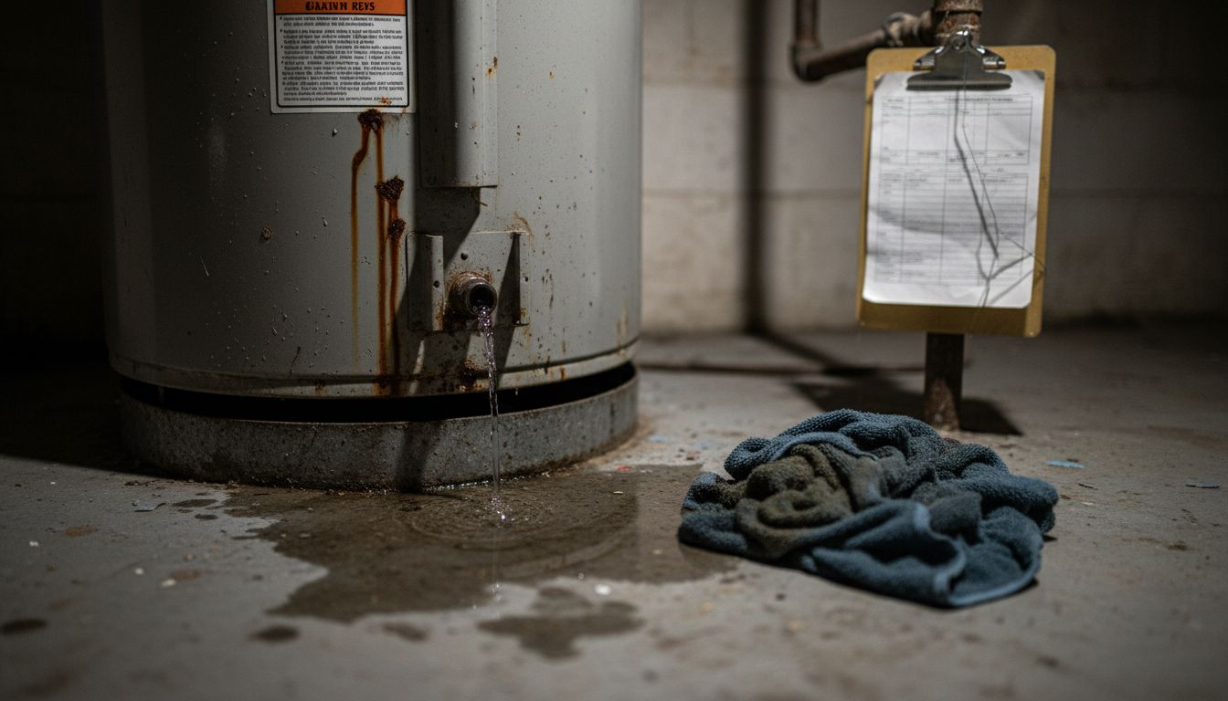 Leaking water heater with rust and puddle