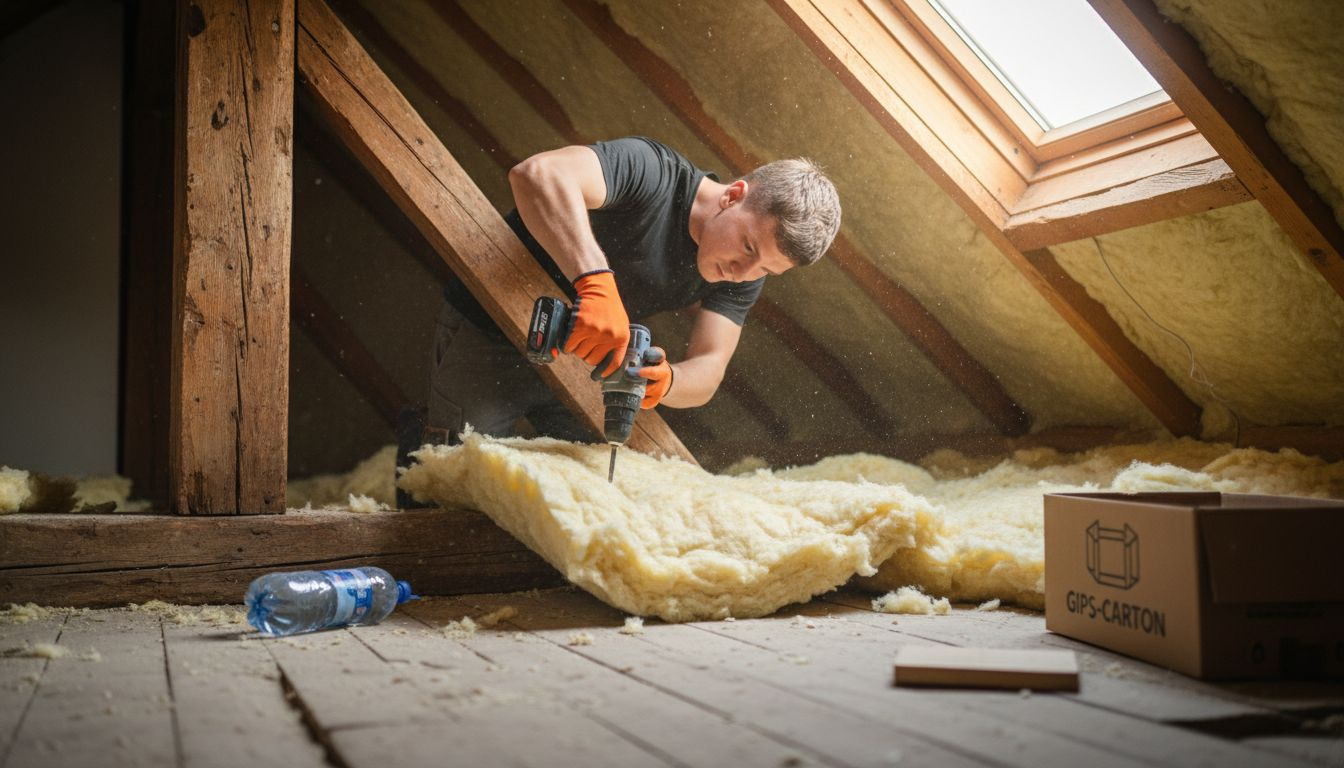 Meșter montând materialul de izolație la mansarda recent renovată