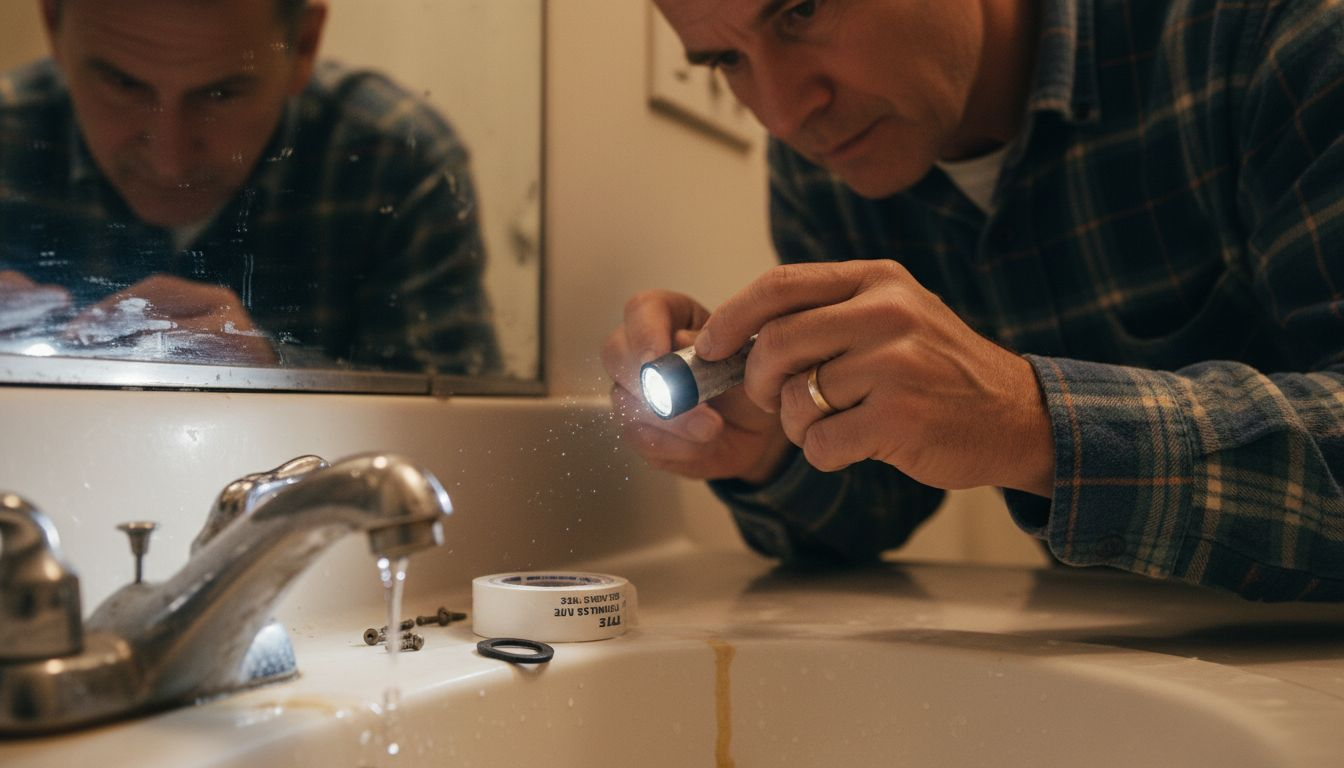 Man inspecting leaky bathroom faucet