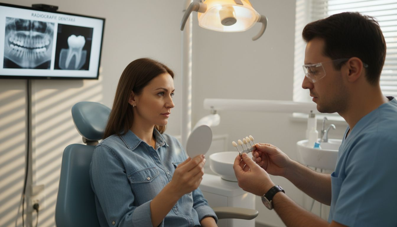 Medicul stomatolog îi prezintă pacientului diferite modele de coroane dentare, explicând avantajele fiecărei opțiuni pentru a-l ajuta să aleagă cea mai potrivită soluție.