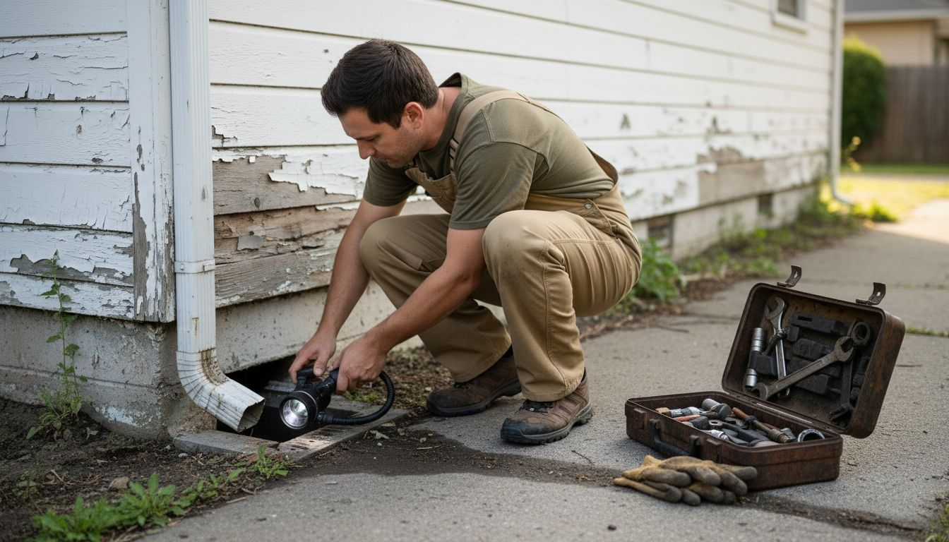 Plumber inspecting exterior home drainage