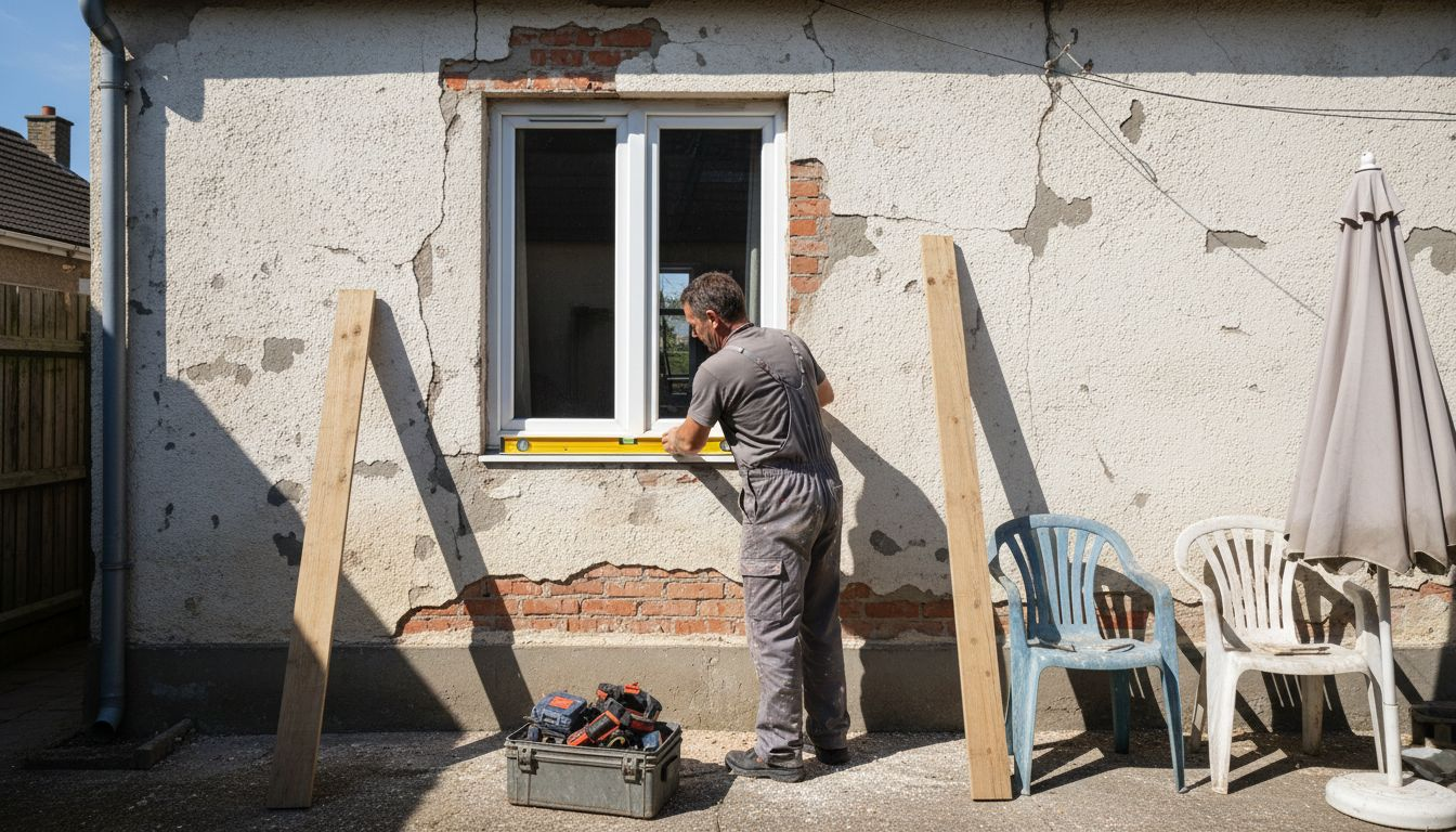 Un muncitor lucrează la renovarea fațadei unei case.