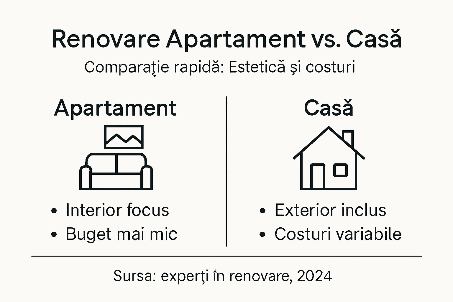 Infografic: principalele diferențe între renovarea unui apartament și renovarea unei case