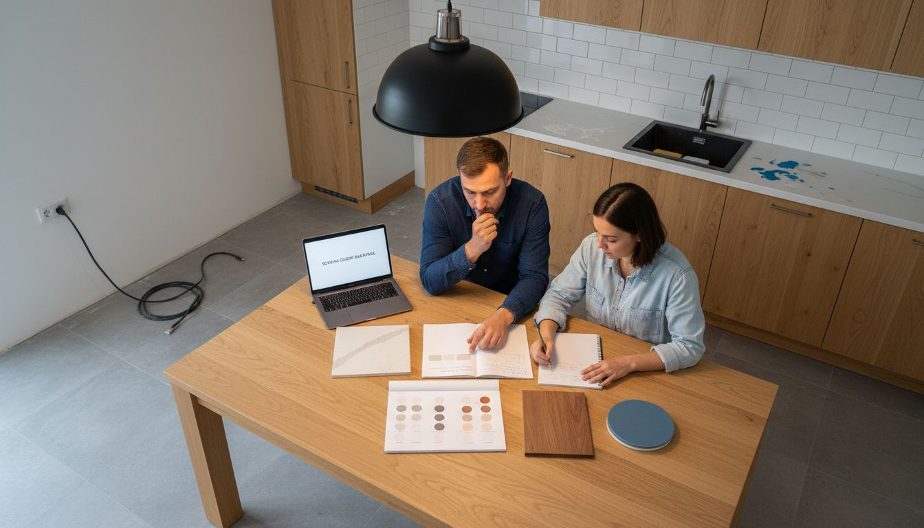 Un cuplu analizează și compară diferite materiale pentru amenajarea bucătăriei.