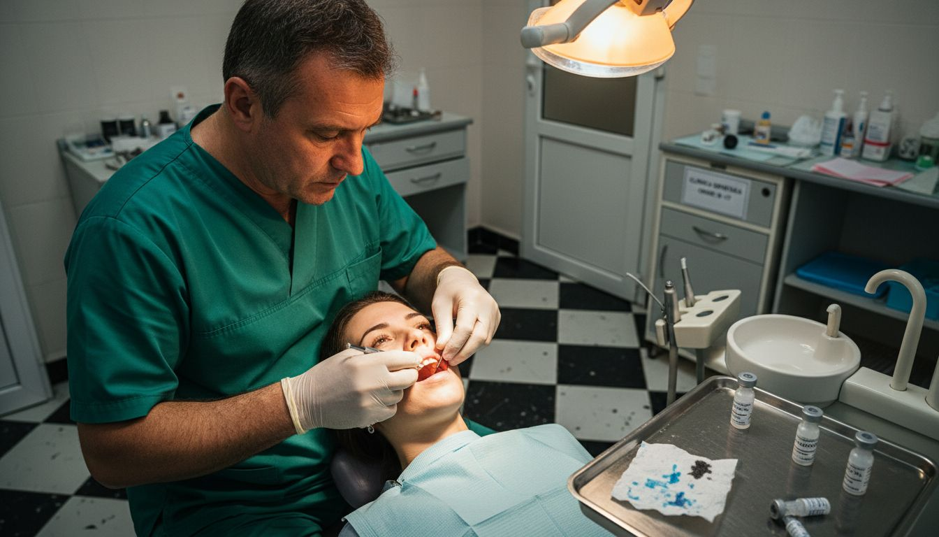 Medicul stomatolog administrează anestezie locală la nivelul gingiilor înainte de intervenție