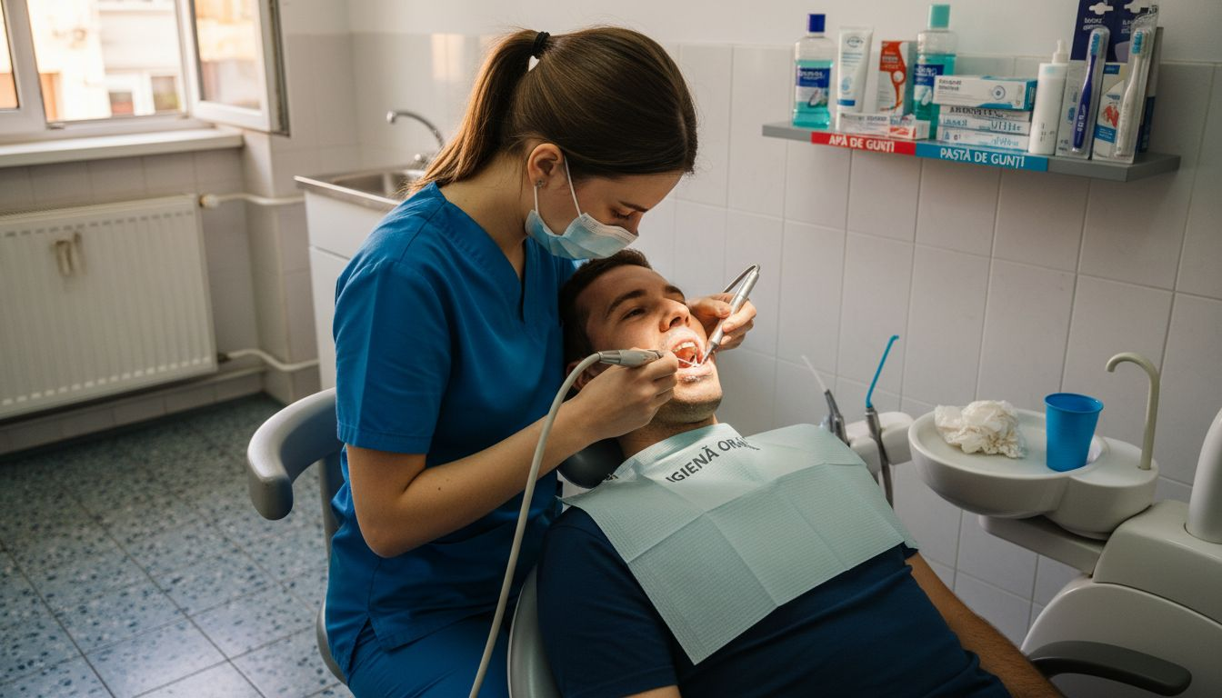 Igienistul dentar efectuează o curățare profesională a dinților pacientului înainte de procedura de albire.
