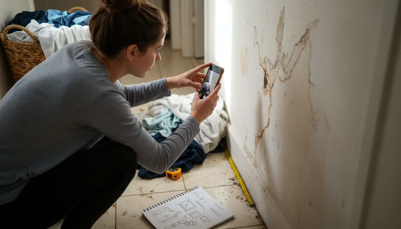 Homeowner photographing damaged wall and notes