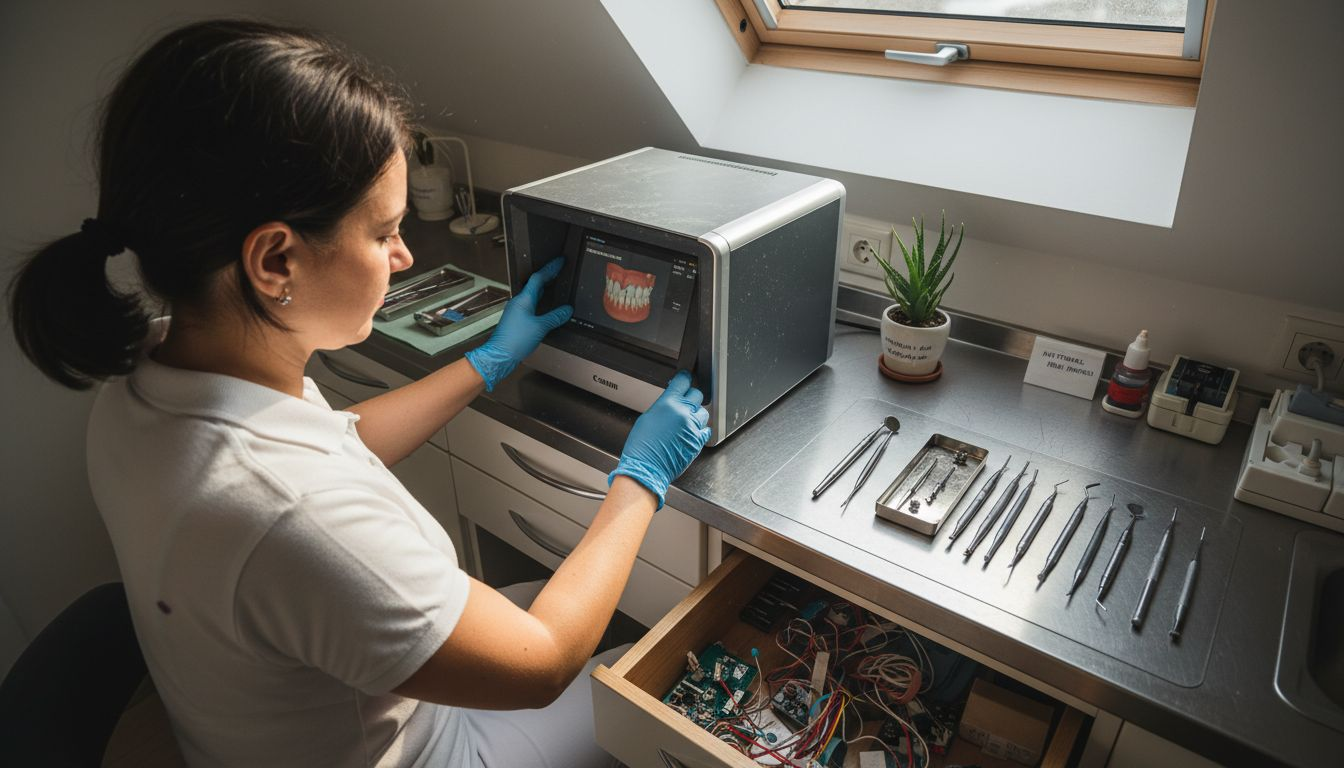 Tehnicianul dentar lucrează în laborator folosind un scanner 3D pentru realizarea lucrărilor protetice.