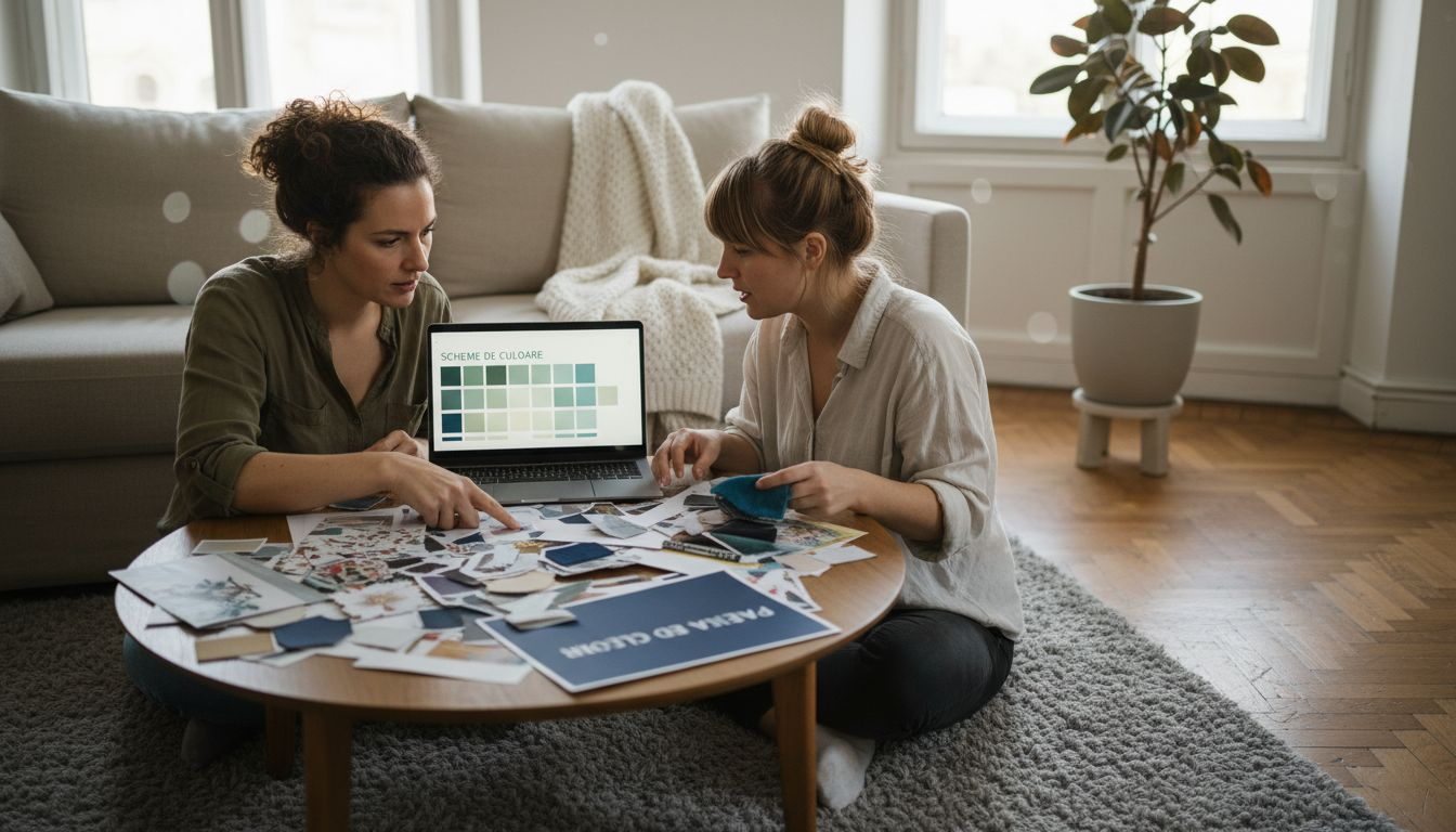 Designerii studiază un panou de inspirație pentru amenajarea livingului, analizând culorile, texturile și stilurile pentru a crea o atmosferă cât mai plăcută.