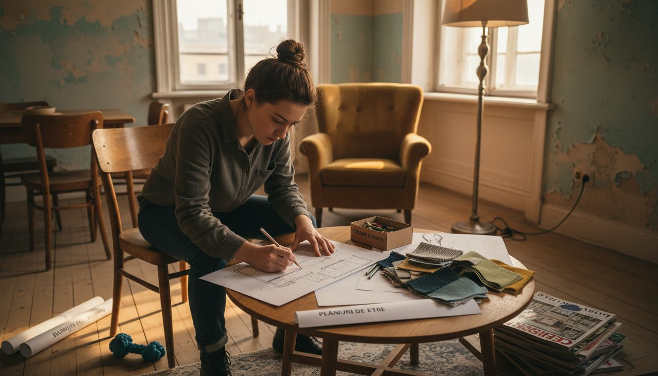 O persoană schițează pe hârtie planul pentru renovarea livingului.