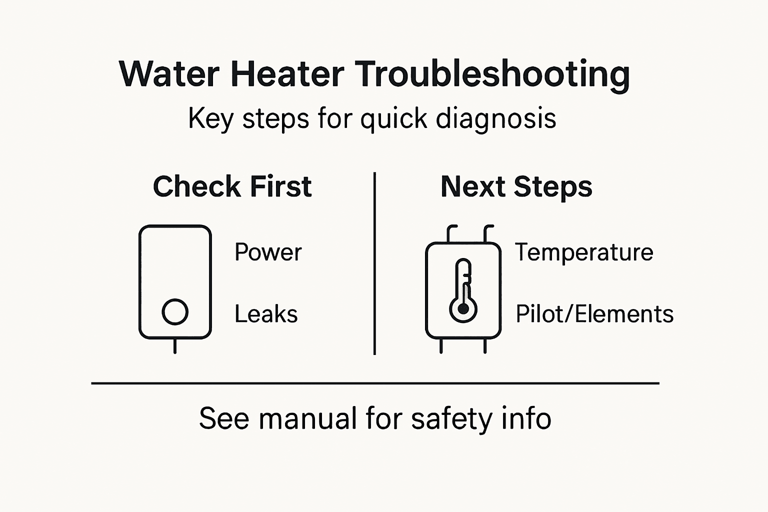 Infographic showing water heater troubleshooting steps