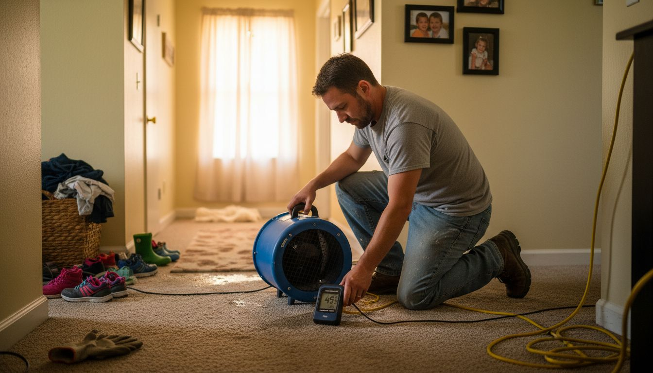 Drying equipment in use on damp carpet