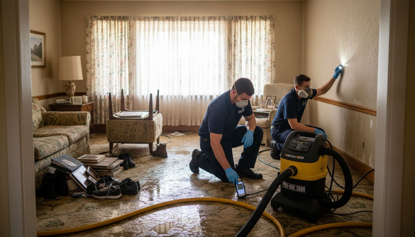 Cleanup crew inspecting water damaged living room