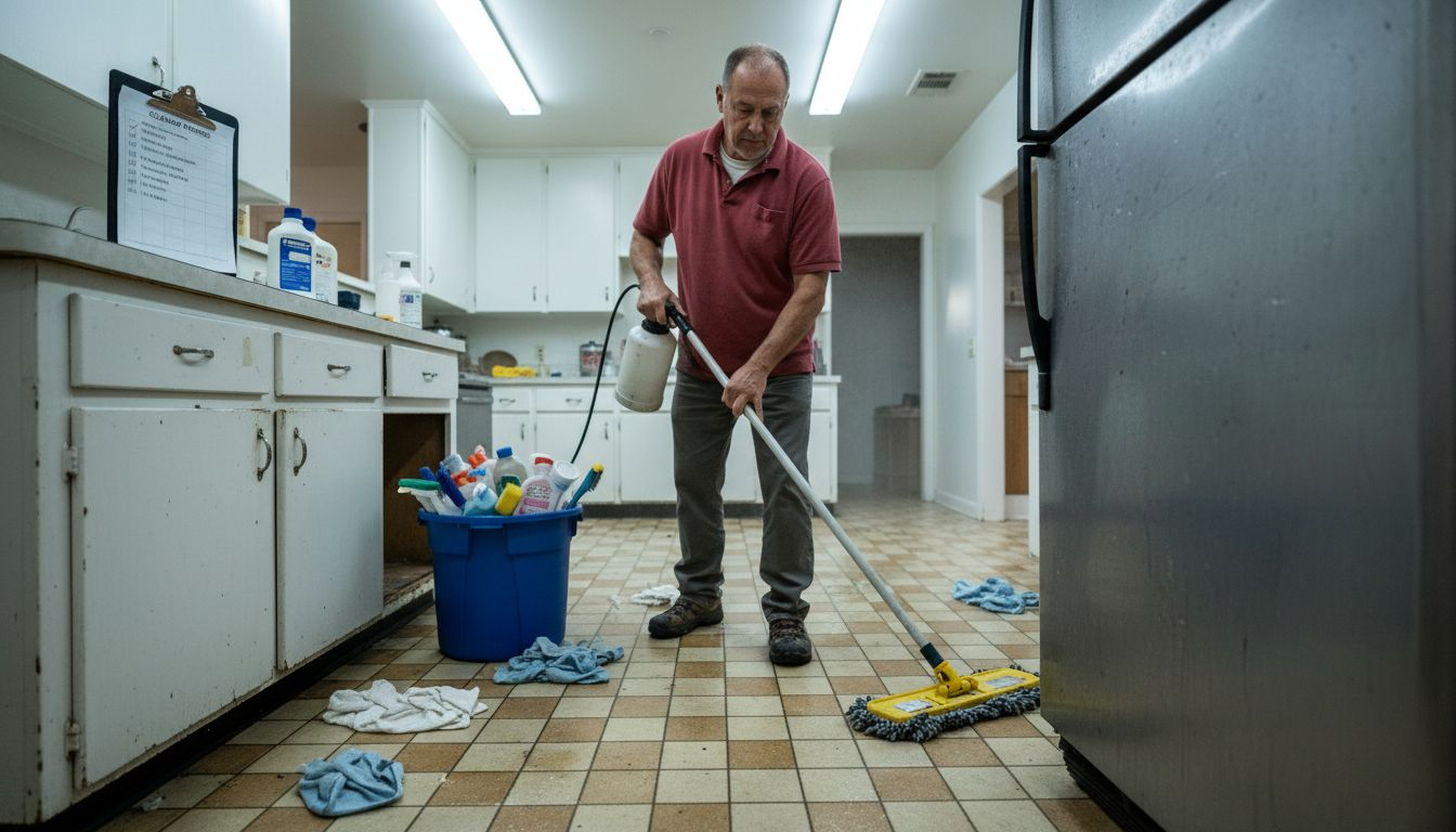 Technician disinfecting kitchen after water damage