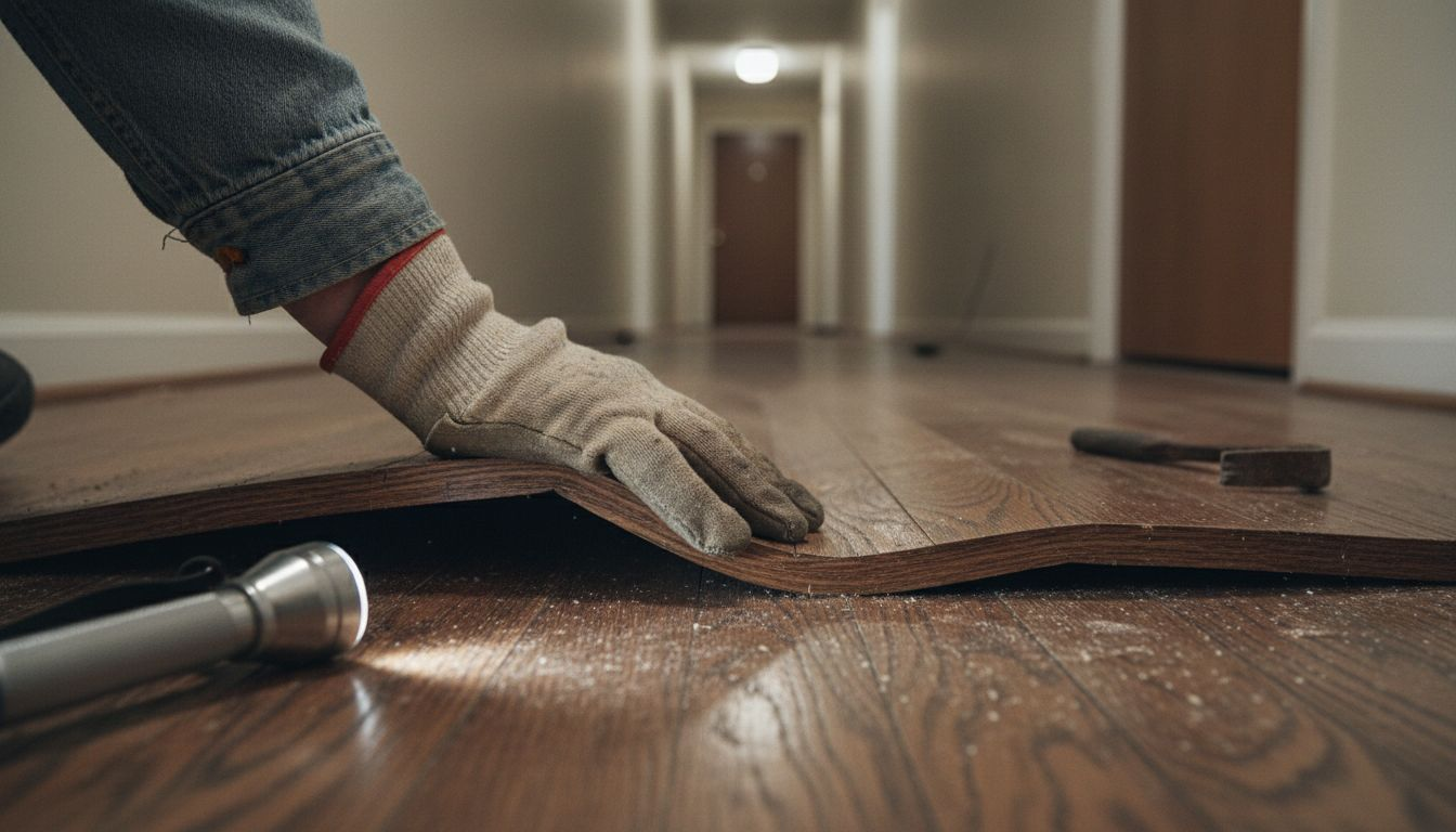 Gloved hand testing warped hardwood board