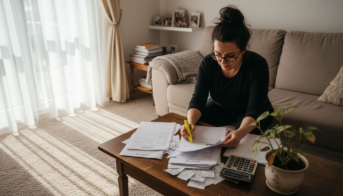 O femeie stă pe canapea și calculează cât o va costa renovarea locuinței.