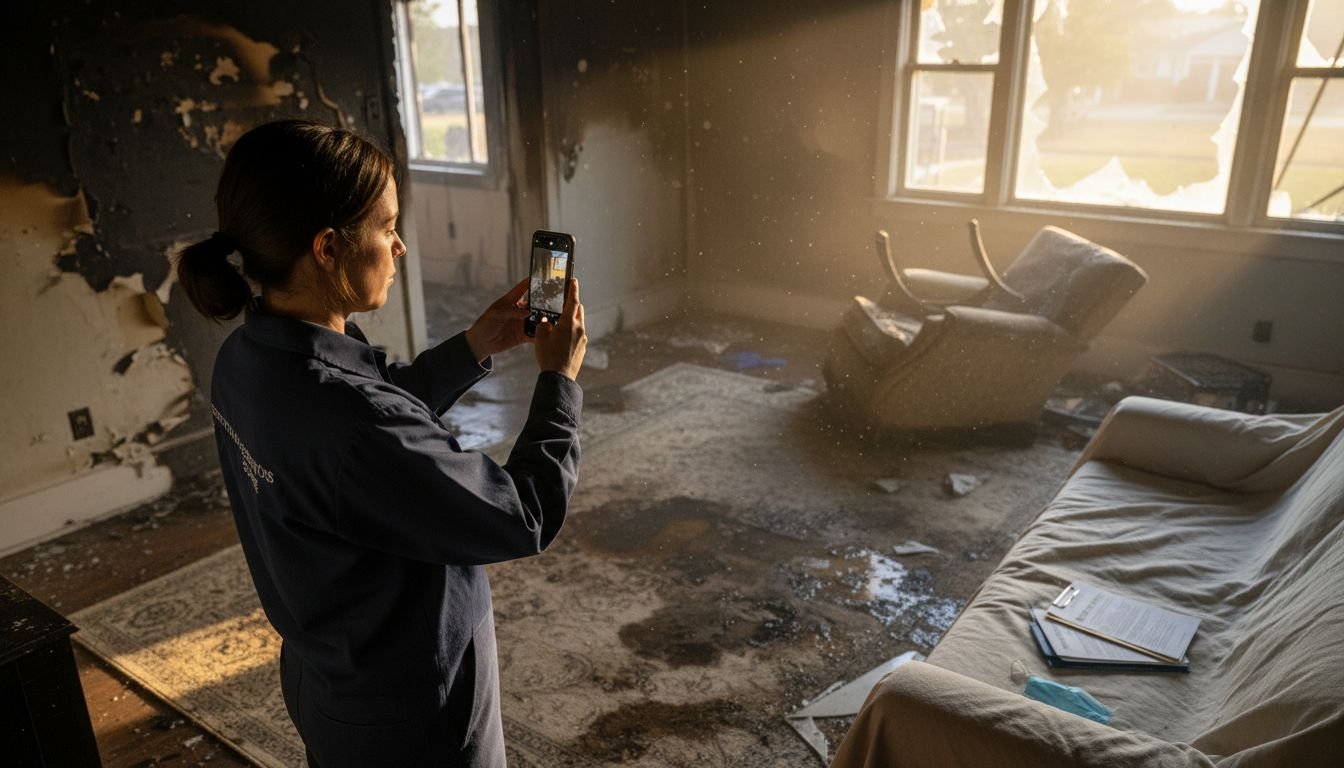 Restoration expert photographing fire damage scene