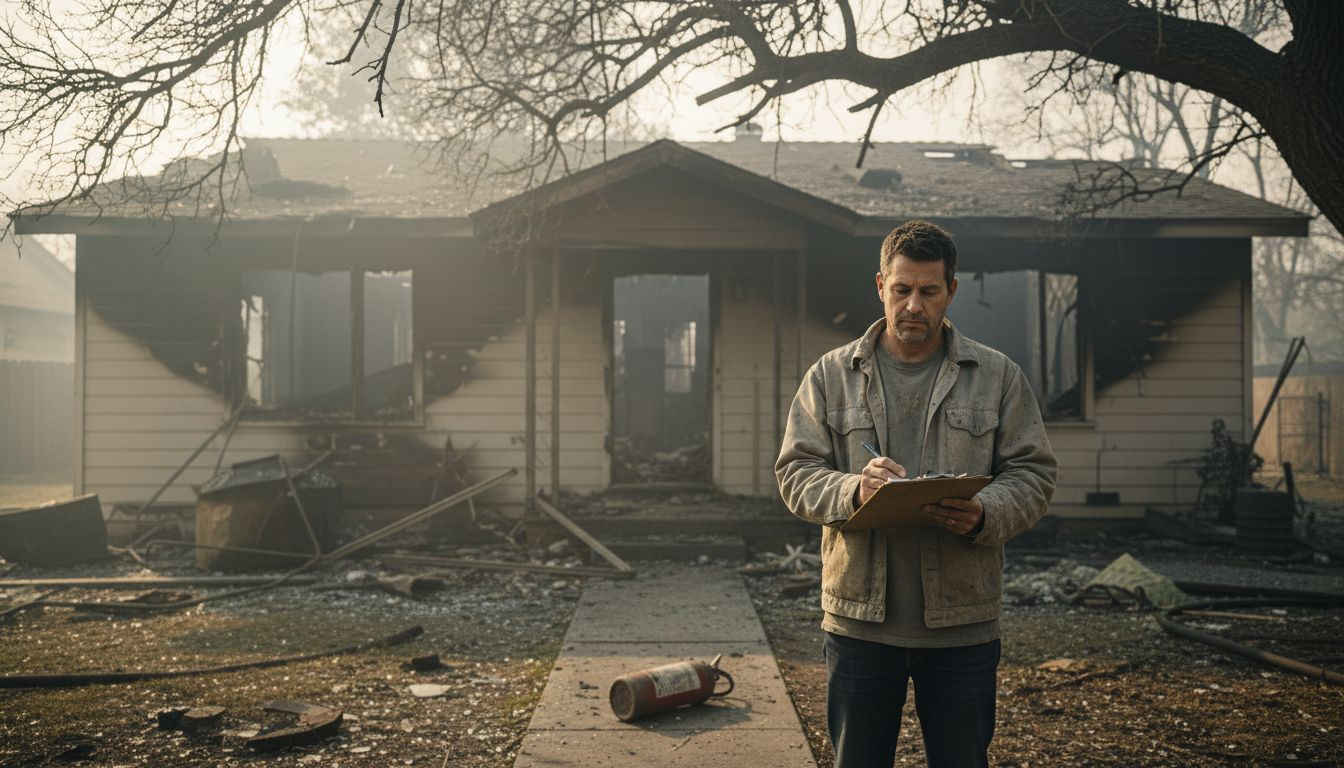 Homeowner assessing fire-damaged house exterior