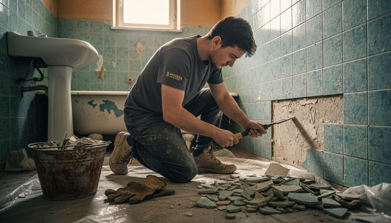 Un muncitor sparge și îndepărtează gresia veche din baie, pregătind locul pentru renovare.