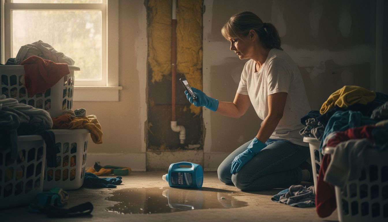 Woman inspecting burst pipe behind wall