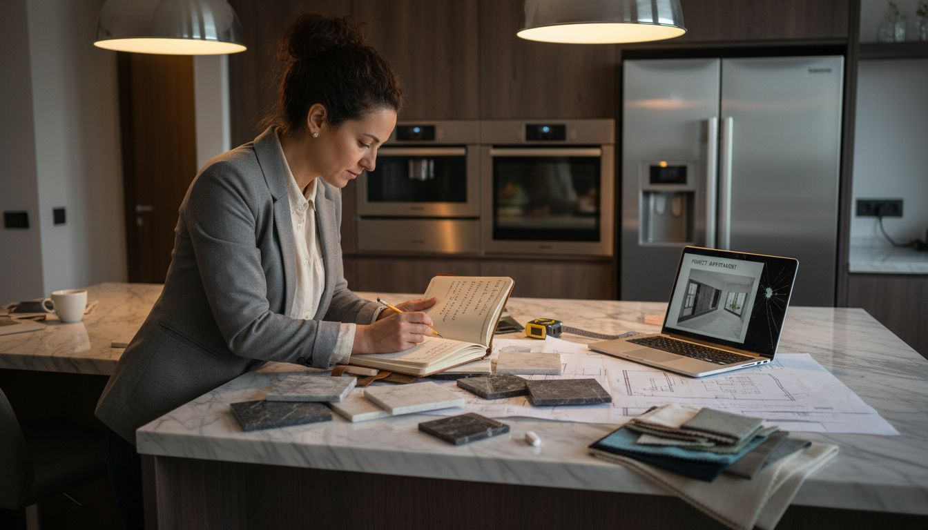 Designerul analizează materialele premium pentru amenajarea bucătăriei.