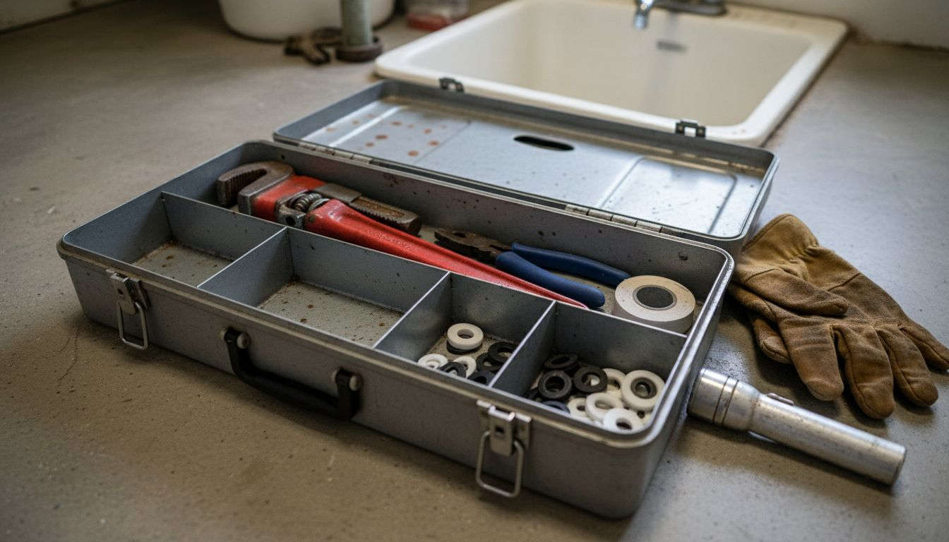 Open toolbox with plumbing tools organized