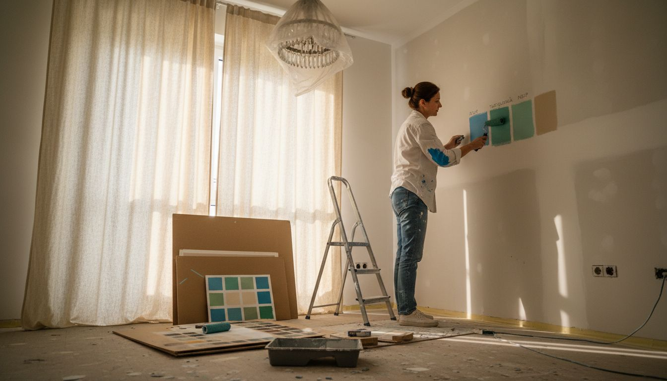 Designerul testează diverse finisaje pentru dormitor, încercând să găsească varianta care se potrivește cel mai bine cu atmosfera camerei.