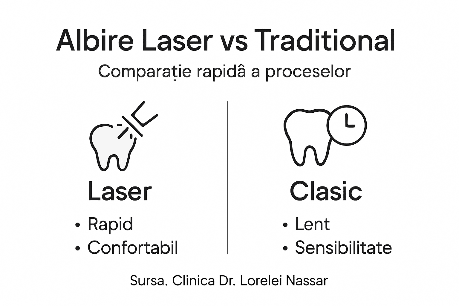 Infografic: diferențe și asemănări între albirea dentară cu laser și cea tradițională