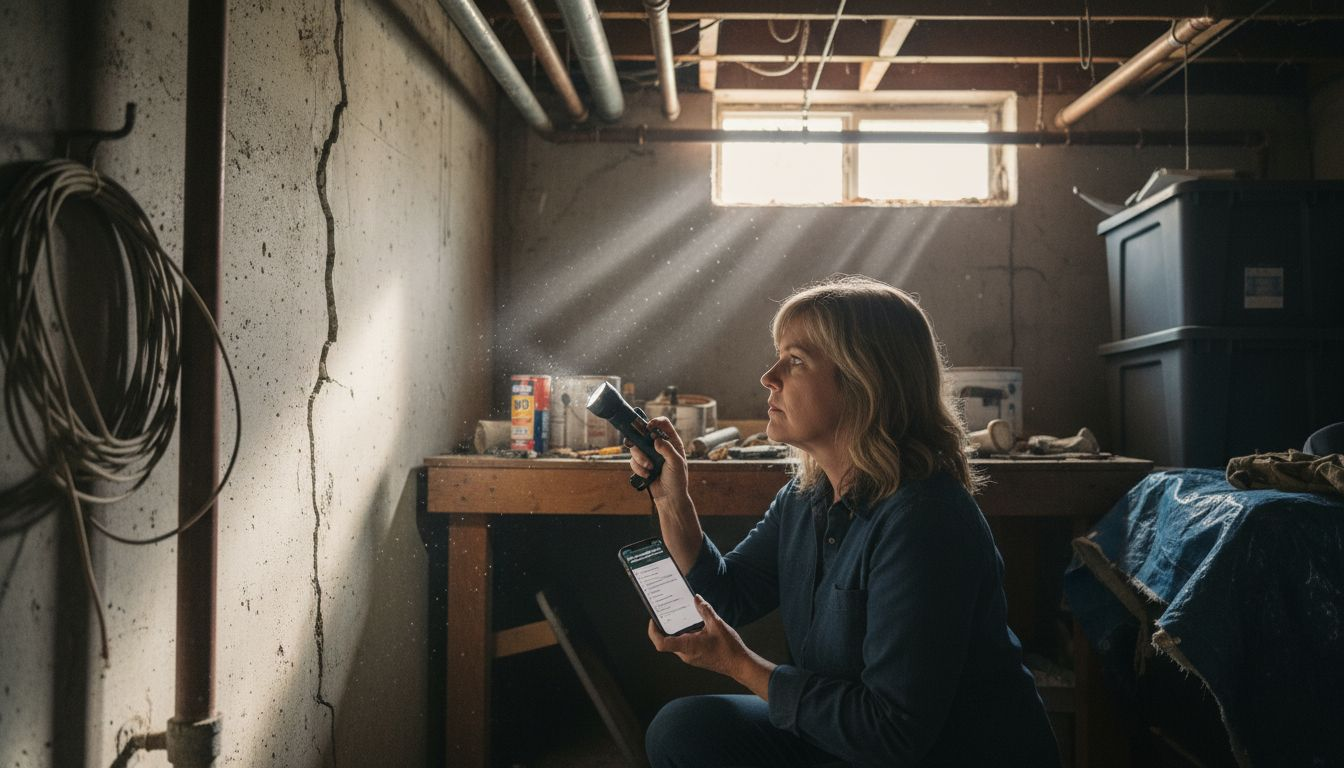Owner inspecting basement wall for damage