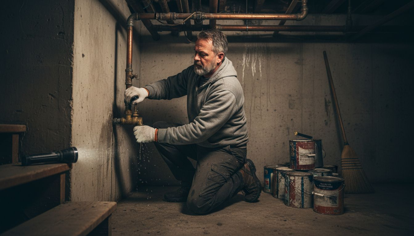 Person shutting off basement water valve