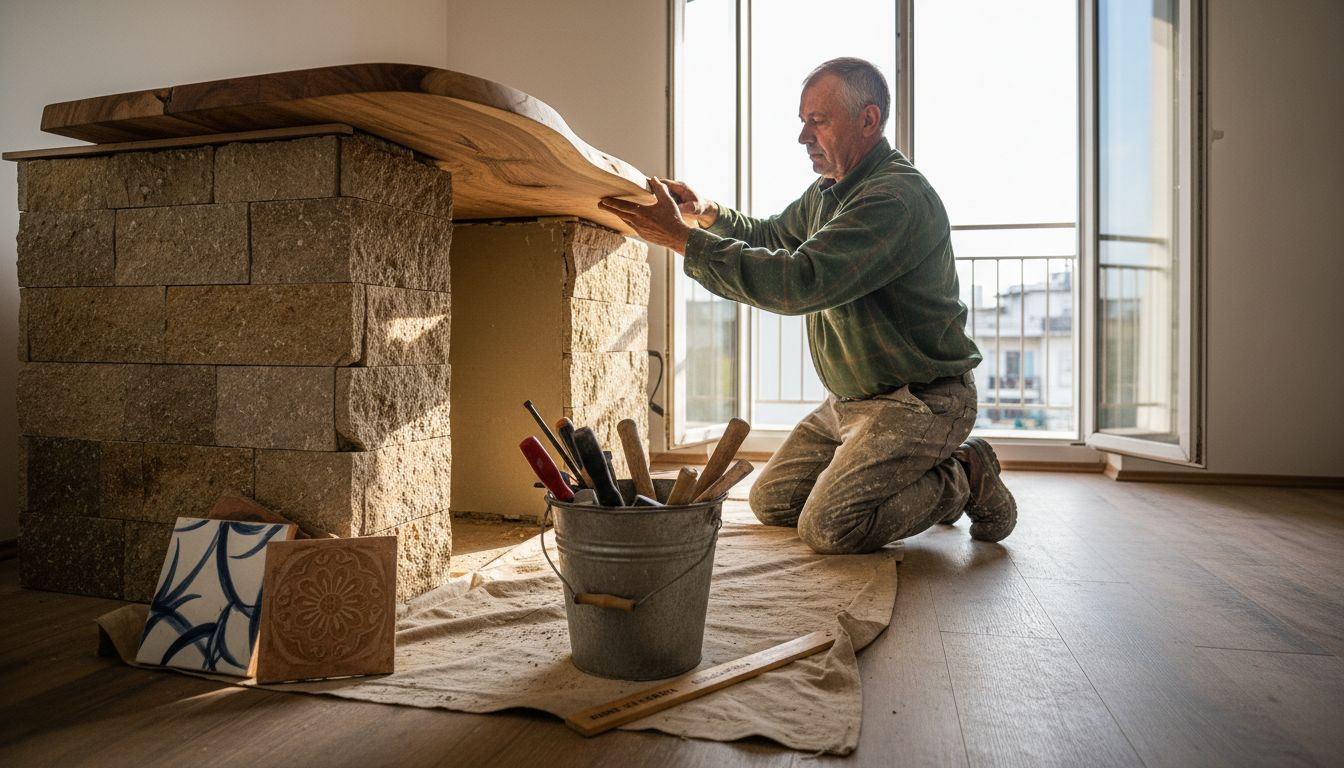 Meșter montând un blat din lemn masiv în bucătărie