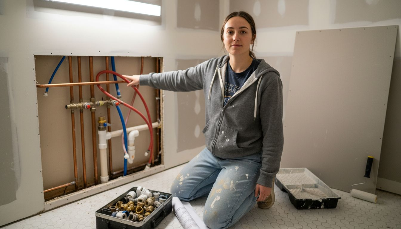 Homeowner inspecting exposed bathroom plumbing pipes