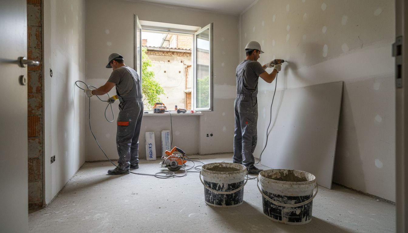 O echipă de meseriași lucrează la montarea plăcilor de rigips și la trasarea instalației electrice.