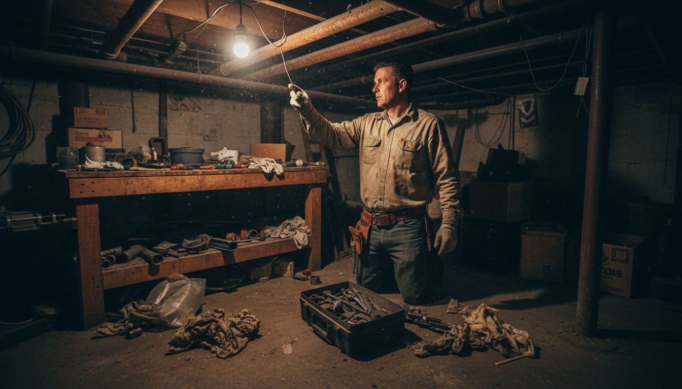 Plumber inspecting corroded pipes in basement