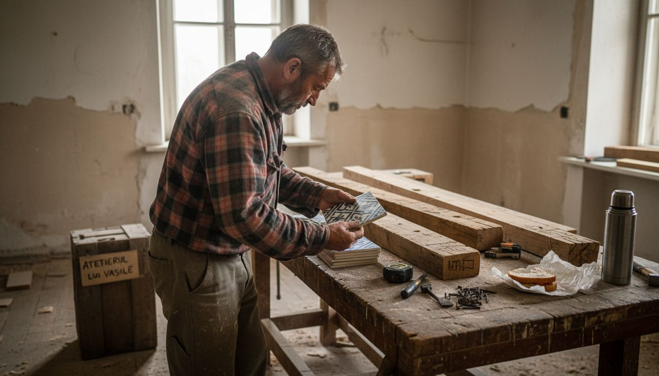 Meșter analizând materiale tradiționale pentru renovare