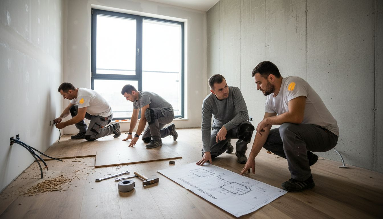 O echipă de meseriași lucrează la renovarea unui apartament.